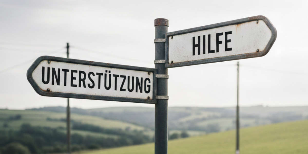 Ein Wegweiser an einer Landstraße mit den Aufschriften "Unterstützung" und "Hilfe".