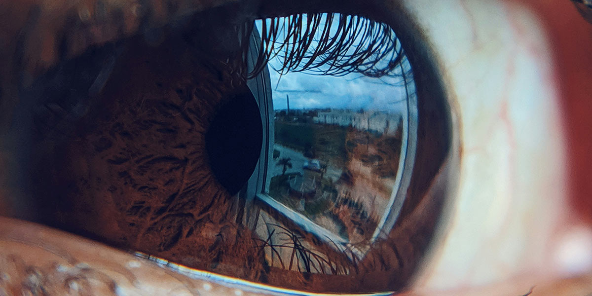 Nahaufnahme eines menschlichen Auges. Die Iris ist braun, und in der glänzenden Oberfläche des Auges spiegelt sich ein Fenster mit einer Landschaft draußen, darunter Gebäude und ein Weg. 